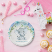 Blauw Bloemen Olifant Baby Jongen Douche Party Bor Papieren Bordje (Feest)
