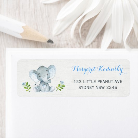 Blauw Bloemen Olifant Baby shower Adreslabel Etiket (Insitu)