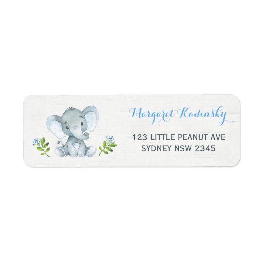 Blauw Bloemen Olifant Baby shower Adreslabel Etiket (Voorkant)