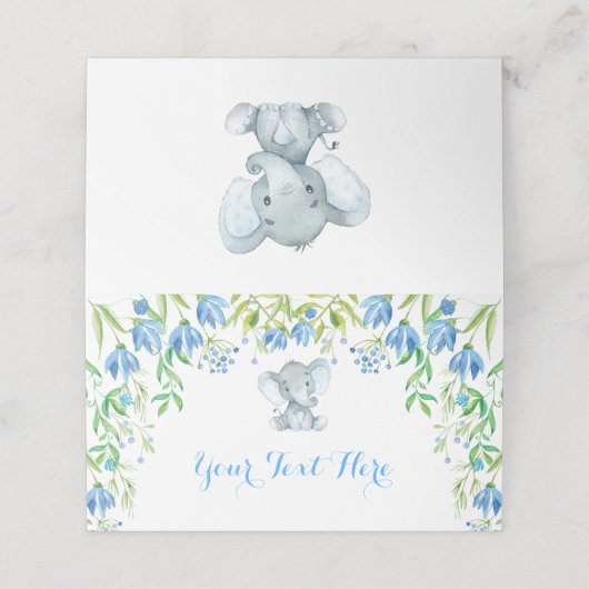Blauw Bloemen Olifant Boy Baby shower 1e Verjaarda Plaatskaartje (Buitenkant ongevouwen)