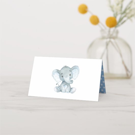 Blauw Bloemen Olifant Boy Baby shower 1e Verjaarda Plaatskaartje (Achterkant)