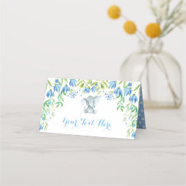 Blauw Bloemen Olifant Boy Baby shower 1e Verjaarda Plaatskaartje