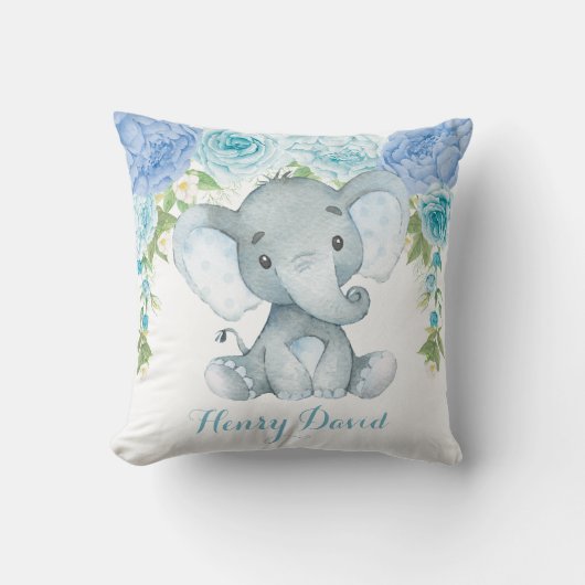 Blauw Bloemen Olifant Oerwoud Baby Boy Nursery Kussen (Voorkant)