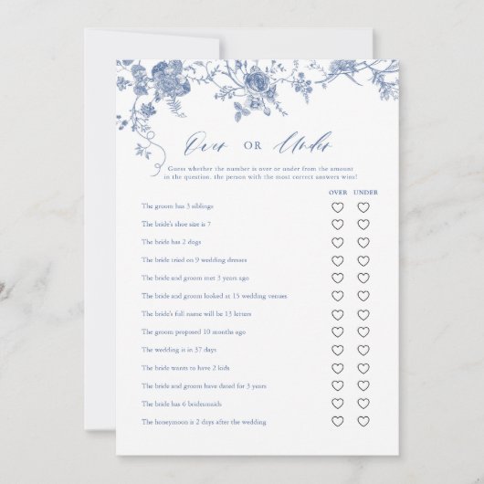 Blauw Bloemen Over of Onder Vrijgezellenfeest Game Kaart (Voorkant)