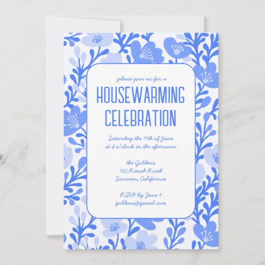 Blauw Bloemen Patroon Custom HOUSEWARMING PARTY Kaart (Voorkant)