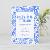 Blauw Bloemen Patroon Custom HOUSEWARMING PARTY Kaart (Staand voorkant)