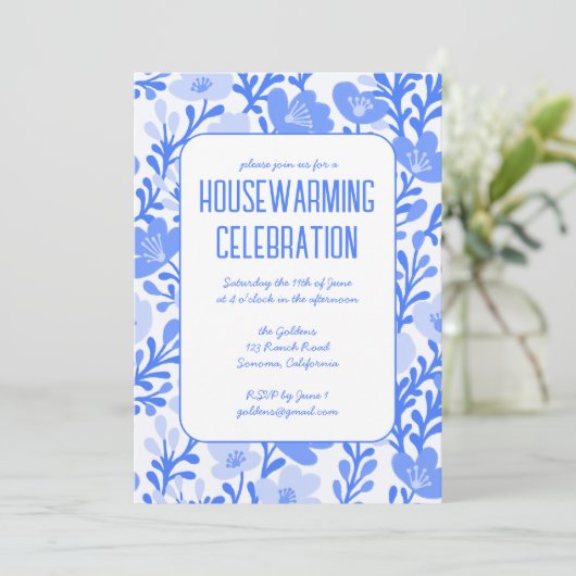 Blauw Bloemen Patroon Custom HOUSEWARMING PARTY Kaart (Staand voorkant)