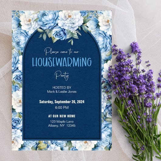 Blauw Bloemen Patroon Elegant Housewarming Party Kaart