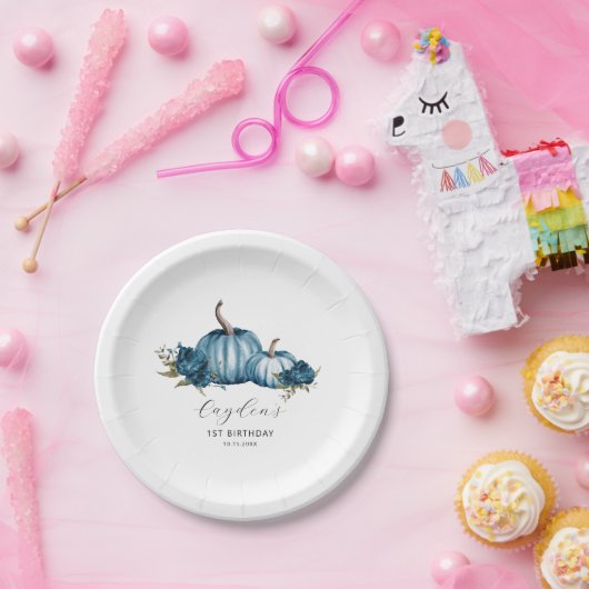 Blauw Bloemen Pompoen Verjaardagsfeest Papieren Bordje (Feest)