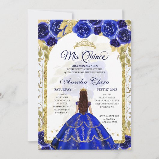 Blauw Bloemen Prinses Gouden Boog Quinceanera Foto Kaart (Voorkant)