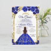 Blauw Bloemen Prinses Gouden Boog Quinceanera Foto Kaart (Staand voorkant)