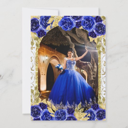 Blauw Bloemen Prinses Gouden Boog Quinceanera Foto Kaart (Achterkant)