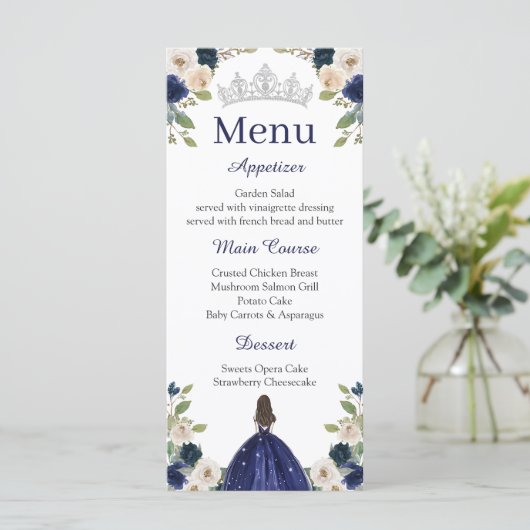 Blauw Bloemen Prinses Quinceañera Menu Menu (Staand voorkant)
