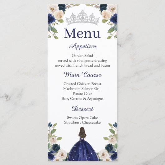 Blauw Bloemen Prinses Quinceañera Menu Menu (Voorkant)