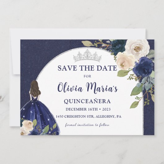 Blauw Bloemen Prinses Quinceañera Save The Date (Voorkant)