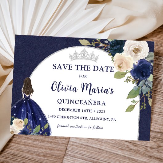 Blauw Bloemen Prinses Quinceañera Save The Date