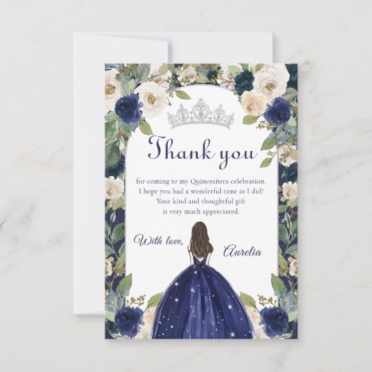 Blauw Bloemen Prinses Quinceanera Verjaardag Bedankkaart (Voorkant)