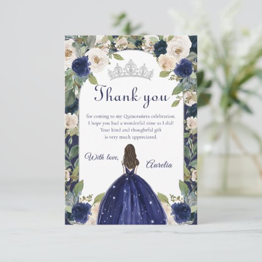 Blauw Bloemen Prinses Quinceanera Verjaardag Bedankkaart (Staand voorkant)