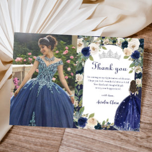 Blauw Bloemen Prinses Quinceanera Verjaardag Foto Bedankkaart