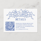 Blauw Bloemen QR Code Bruiloft Details Informatiekaartje (Voorkant)