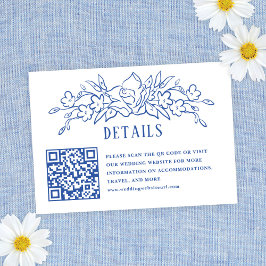  Blauw Bloemen QR Code Bruiloft Details Informatiekaartje