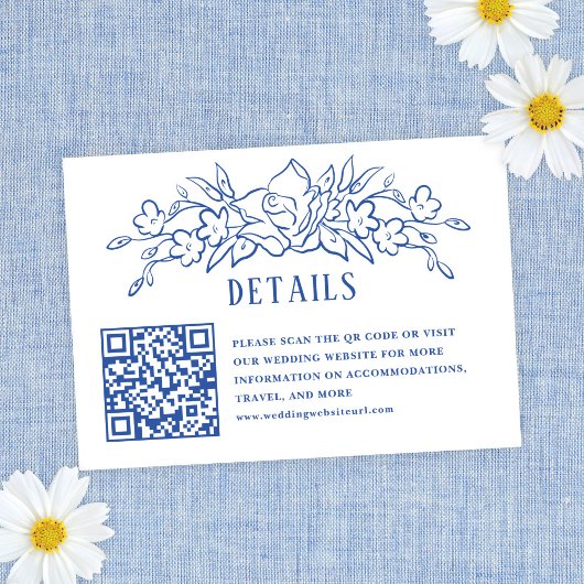 Blauw Bloemen QR Code Bruiloft Details Informatiekaartje