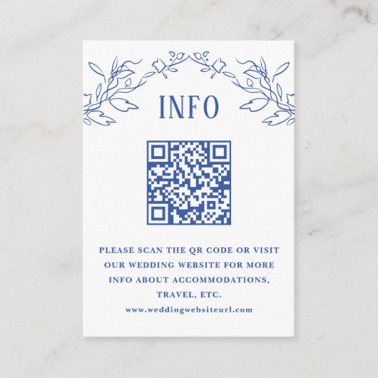  Blauw Bloemen QR Code Bruiloft Info Informatiekaartje (Voorkant)