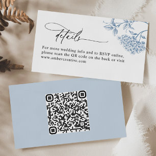  Blauw Bloemen QR Code Trouwdetails Kaart Visitekaartje