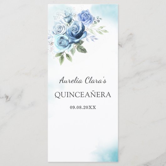 Blauw Bloemen Quinceanera 15e Verjaardagsfeest Men Menu (Achterkant)