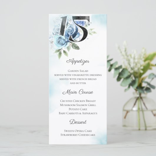 Blauw Bloemen Quinceanera 15e Verjaardagsfeest Men Menu (Staand voorkant)