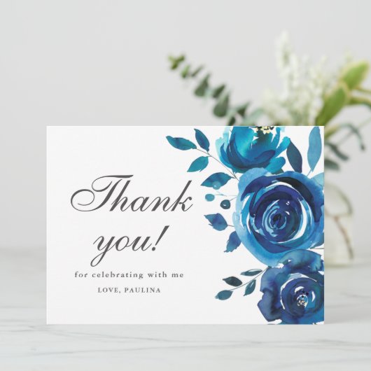 Blauw Bloemen Quinceañera Foto Dank u Kaart (Staand voorkant)