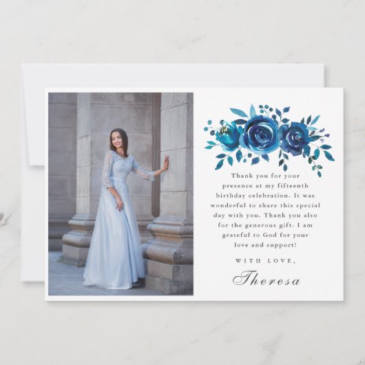  Blauw Bloemen Quinceañera Foto Dank u Kaart (Achterkant)