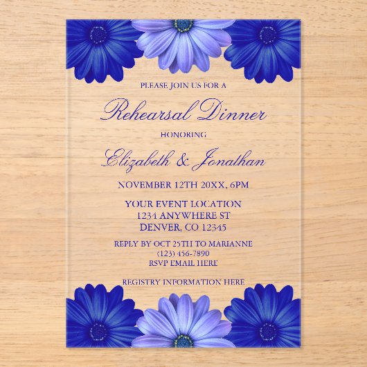 Blauw Bloemen repetitie diner Acryl Uitnodigingen (Voorkant)