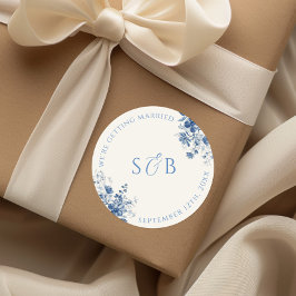  Blauw Bloemen Ronde bruiloft Sticker Initialen