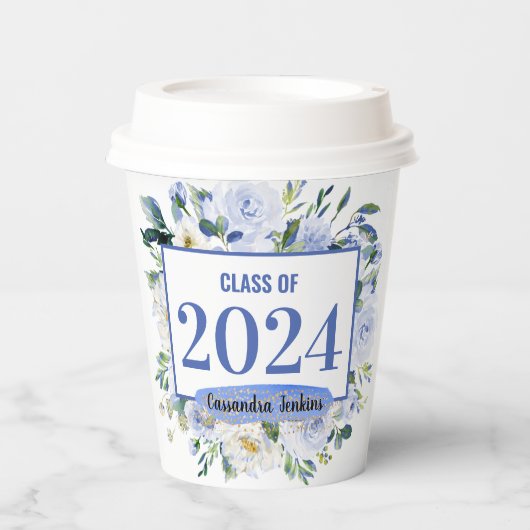 Blauw Bloemen Roos Afstuderen Jaar Papieren Bekers (Voorkant)