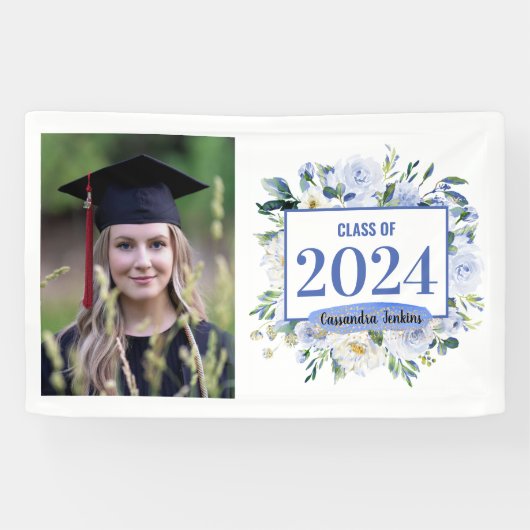 Blauw Bloemen Roos Afstuderen Jaar Spandoek (Horizontaal)