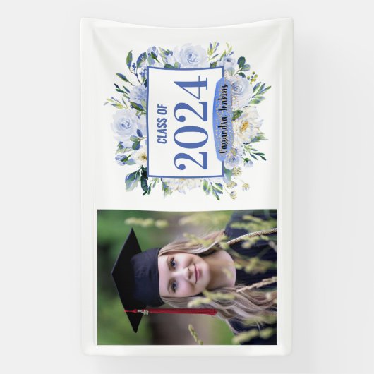 Blauw Bloemen Roos Afstuderen Jaar Spandoek (Verticaal)