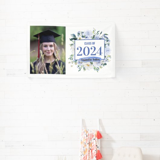 Blauw Bloemen Roos Afstuderen Jaar Spandoek (Insitu)