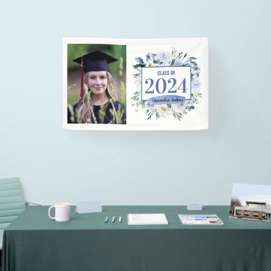 Blauw Bloemen Roos Afstuderen Jaar Spandoek (Beurs)