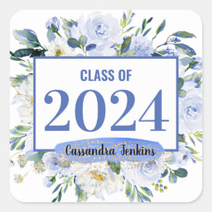 Blauw Bloemen Roos Afstuderen Jaar Vierkante Sticker