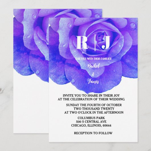 Blauw Bloemen Roos Monogram Bloemen Elegante bruil Kaart (Voorkant / Achterkant)