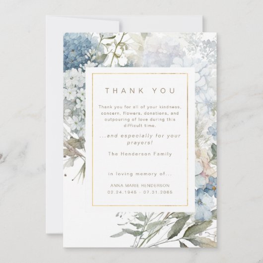 Blauw Bloemen Rouw Begrafenis Dank u Bedankkaart (Voorkant)
