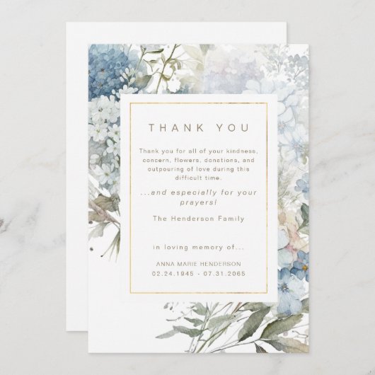 Blauw Bloemen Rouw Begrafenis Dank u Bedankkaart (Voorkant / Achterkant)