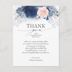 Blauw Bloemen Roze Elegant Baby shower Dank u Briefkaart