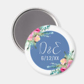 Blauw Bloemen Roze Rosebud Bruiloft Gepersonalisee Magneet (Voorkant / Achterkant)