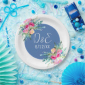 Blauw Bloemen Roze Rosebud Bruiloft Gepersonalisee Papieren Bordje (Feest)