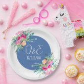 Blauw Bloemen Roze Rosebud Bruiloft Gepersonalisee Papieren Bordje (Feest)