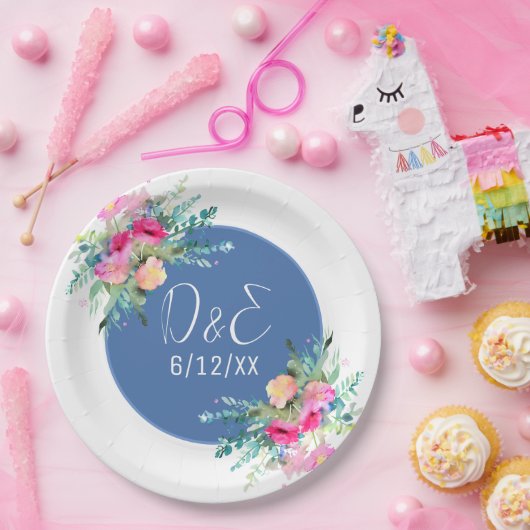 Blauw Bloemen Roze Rosebud Bruiloft Gepersonalisee Papieren Bordje (Feest)