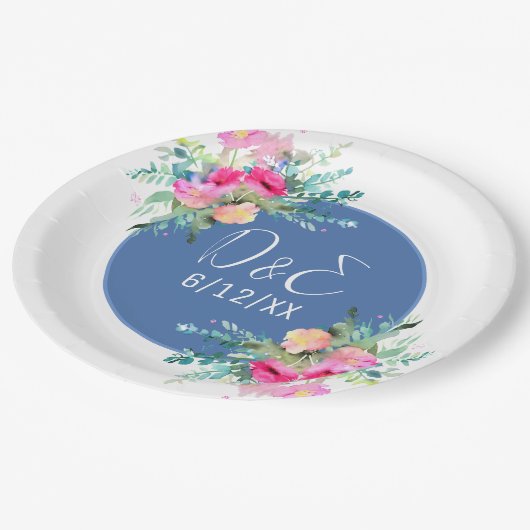 Blauw Bloemen Roze Rosebud Bruiloft Gepersonalisee Papieren Bordje (Gekanteld)
