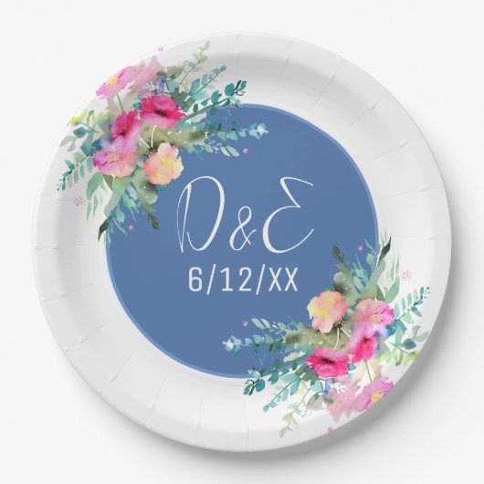 Blauw Bloemen Roze Rosebud Bruiloft Gepersonalisee Papieren Bordje (Voorkant)